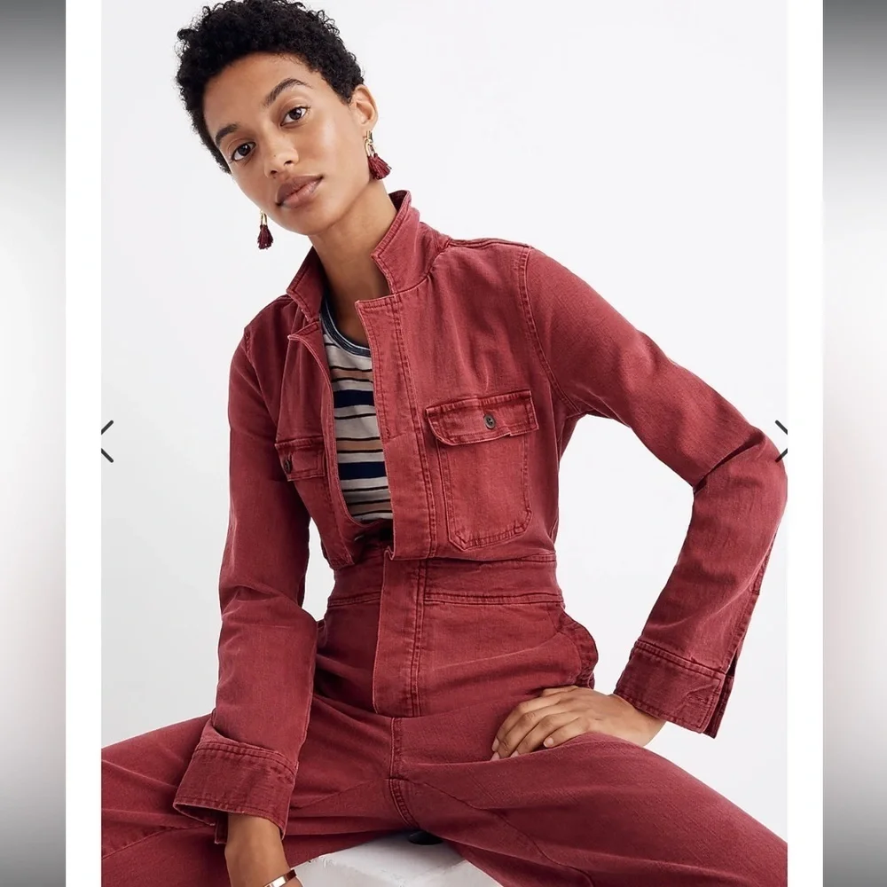 Madewell burgundy dyed denim straight leg overall long sleeve jumpsuit - Picture 2 of 10